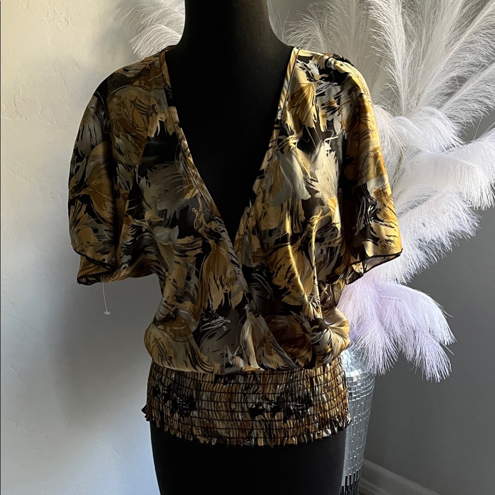 Wet Seal Mustard and Black Floral V-Neck Smocked Waist Blouse